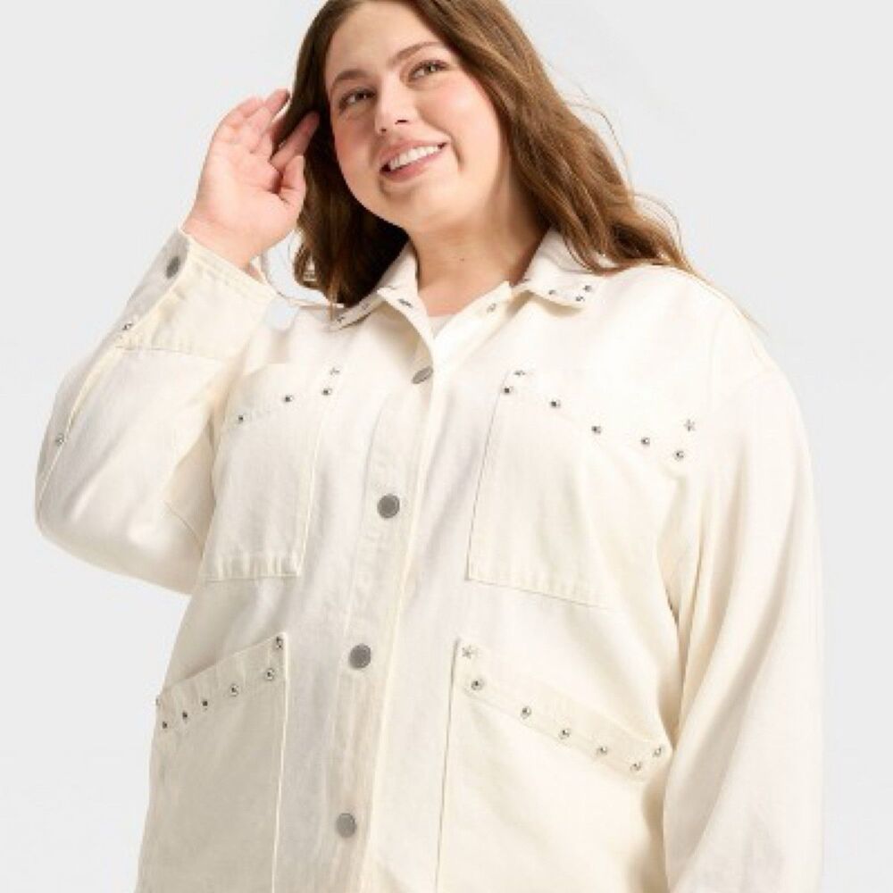 NWT Women's Studded Chore Denim Jacket - Universal Thread White Size L - Picture 14 of 17